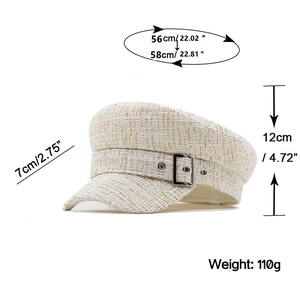 Beige tweed newsboy cap with buckle strap, showing dimensions and 110g weight details