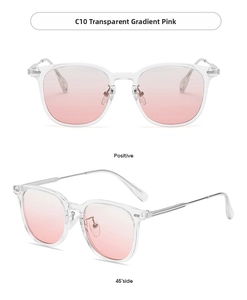 Detail showing transparent frame glasses with pink gradient lenses from front and side angles
