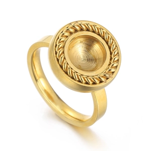 Golden stainless steel threaded DIY ring base with a round bezel tray on white background