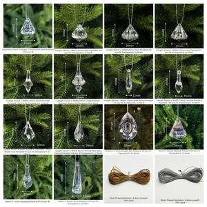 Detailed set of assorted acrylic crystal icicle ornaments with gold and silver hanging cords
