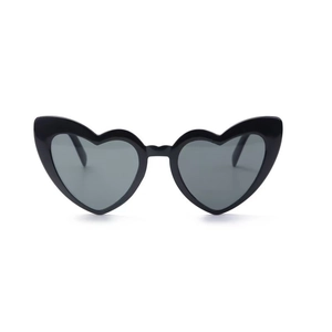 Detailed close-up of heart-shaped sunglasses featuring black frames and dark lenses