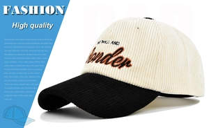 Detail of corduroy baseball cap with 'BE WILD AND Wonder' 3D embroidery and contrast brim