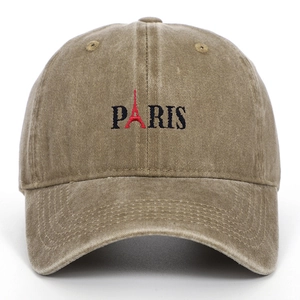 Detailed embroidery of Paris text and Eiffel Tower on washed vintage baseball cap