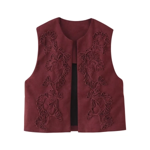 Women's wine red embroidered vest with traditional Chinese floral patterns on white background