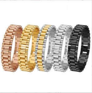 Detailed comparison of five metallic stainless steel watch bands in varied plating finishes