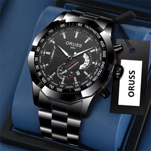 Detail of ORUSS black stainless steel chronograph watch with three sub-dials in case