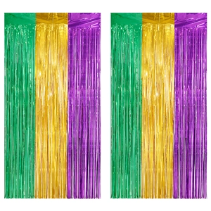 Green, gold, and purple Mardi Gras fringe curtain backdrops for party wall decoration