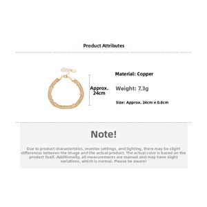Detail view of a gold chain bracelet with small gemstones and size specifications