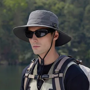 Men's dark grey wide brim sun hat with adjustable chin strap for hiking and fishing