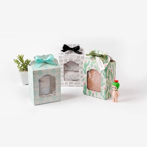 Green cactus and geometric patterns gift boxes with PVC windows and ribbons