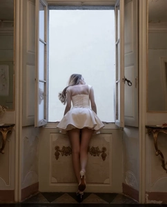 Detail view of the back lace-up design on a white slim fit vintage off-shoulder dress