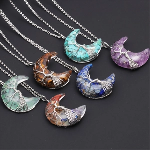 Tree Of Life Crescent Moon Heart Pendant Necklace Natural Crushed Stone Resin Wire Wrapped Bohemian Jewelry For Women Girls