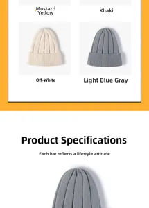 Detailed close-up of textured ribbed knit beanies in yellow, khaki, beige, and blue