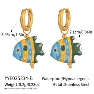 Detailed size view of colorful enamel koi fish earrings on stainless steel hoops