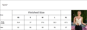 Size chart for women's lace camisole with 3D flower detail and open back top
