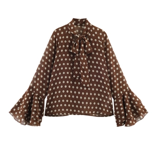 Chemisier Femme À Pois En Mousseline Avec Nœud Et Manches Évasées À Volants Haut Ample En Polyester