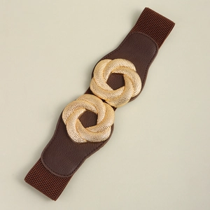Detail of wide elastic waist belt with gold interlocking buckle and leather texture