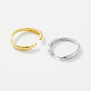 Pair of minimalist S925 sterling silver irregular open rings in gold and silver finishes