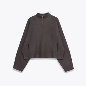 Minimalist stand collar knit jacket in charcoal grey with full zip and relaxed drop shoulders
