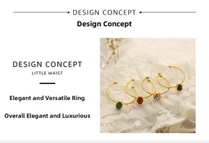 Detail of gold oval natural stone rings with twisted band and drop-shaped gemstone