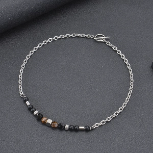 Stainless Steel Necklace With Tiger Eye And Frosted Stone Beads OT Buckle Trendy Retro Jewelry For Men And Women