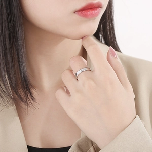 Close-up of minimalist silver stainless steel band ring worn on a model's finger