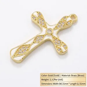 Gold plated brass cross pendant with white enamel inlay and clear zircon stones