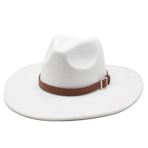 Detail of white suede jazz hat featuring a brown braided leather belt with metal buckle