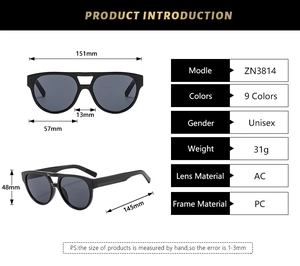 Detailed size chart of vintage double-bridge sunglasses with AC/PC material specs
