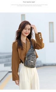 Leopard print crossbody chest bag with gold metal hardware on brown blazer outfit