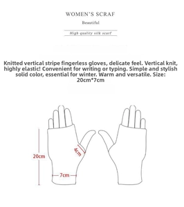 Detailed size chart showing vertical rib knit fingerless gloves measuring 20cm by 7cm