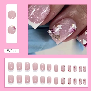 Pink glitter French square press-on nails set with vintage floral and butterfly designs