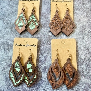 Vintage Wood And Genuine Leather Dangle Earrings Western Bohemian Geometric Hollow Teardrop Jewelry For Women