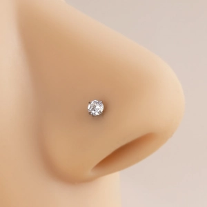 G23 titanium L-shaped nose stud with clear round zircon on a mannequin nose