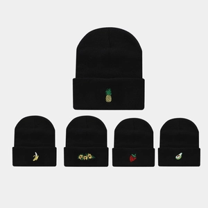 Acrylic Knitted Beanie Hat With Fruit Embroidery For Men Women Warm Casual Cuffed Winter Hat American Trend Unisex Skull Cap
