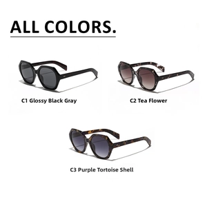 Detailed comparison of oversized polygon sunglasses in black, tortoiseshell, and purple patterns