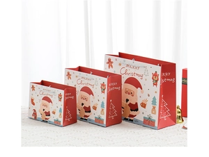 Three sizes of red and white thick paper Christmas gift bags with Merry Christmas prints