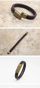 Detail view of dark brown braided leather bracelet with vintage bronze alloy buckle