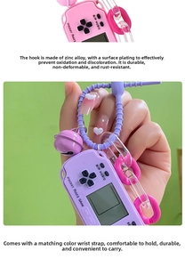 Miniature retro Tetris console keychain with zinc alloy clasp and color-matched strap