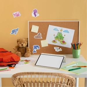 Vibrant ocean animal stickers featuring octopus and sharks shown in a real desk scene
