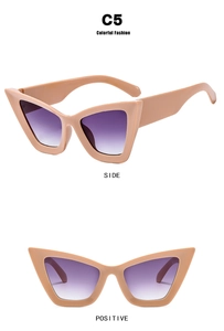 Detailed side and front view of beige cat-eye sunglasses with purple gradient lenses
