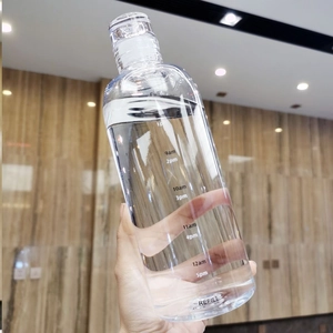 Close-up of a clear plastic water bottle with black time markers and refill prompts