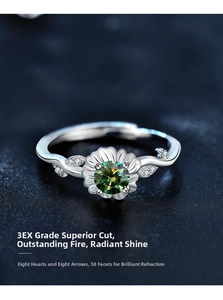 Macro detail of 925 sterling silver sunflower ring with green moissanite stone