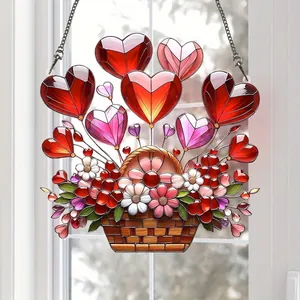 Colorful 2D acrylic suncatcher featuring double kittens with heart floral basket