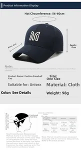 Detailed size guide for navy blue embroidered baseball cap with head measurements