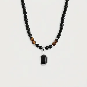 Unisex Natural Stone Beaded Necklace Rectangular Titanium Steel Pendant Tiger Eye Map Stone Vintage Fashion Jewelry Neck Chain
