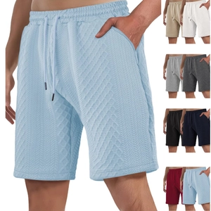 Men Casual Shorts Waffle Texture Jacquard Polyester Drawstring Elastic Waist Summer Beach Solid Color Breathable