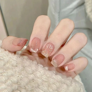 Press On Nails Short Square Ballet Style Transparent Nude Pink Cat Eye Glitter French Firework Pattern ABS Plastic