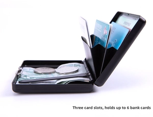 Aluminum card case open view showing 3 slots for 6 cards and cash storage
