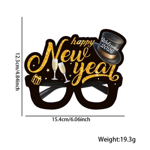 Detailed dimensions of 2026 New Year party glasses with Happy New Year text and champagne decor